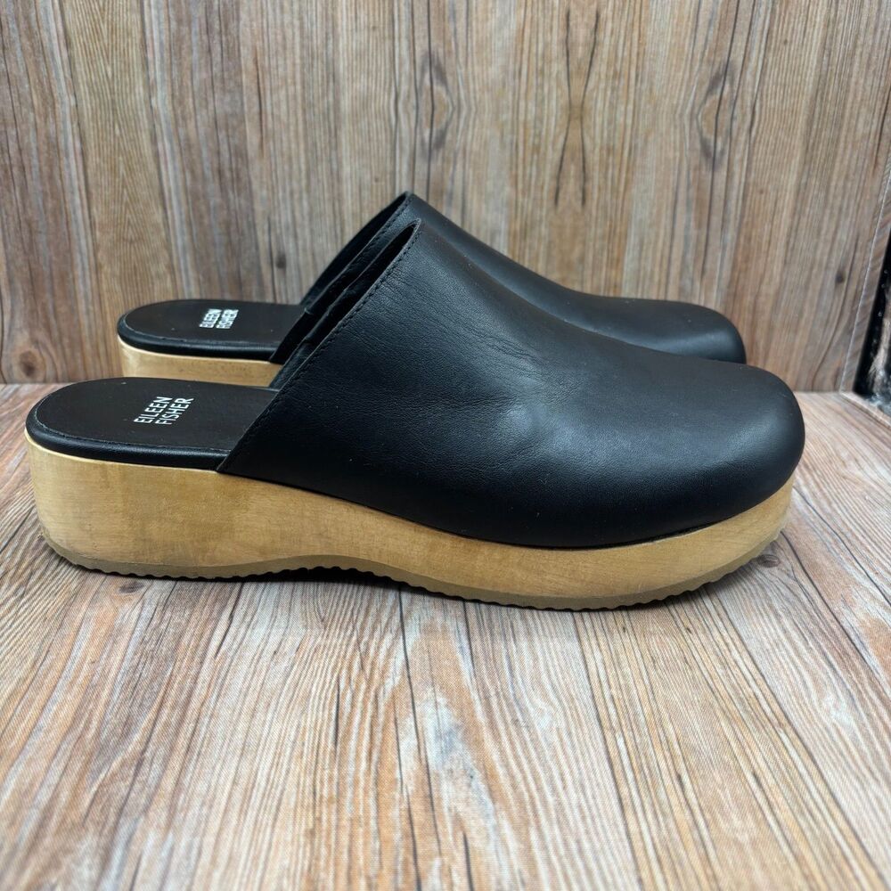 Eileen Fisher Womens Smooth Black Leather Slip On Comfort Clogs Mules Size 9